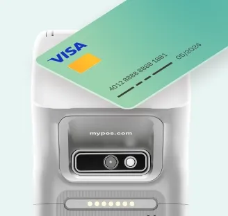 The customer pays with a card at the myPOS terminal