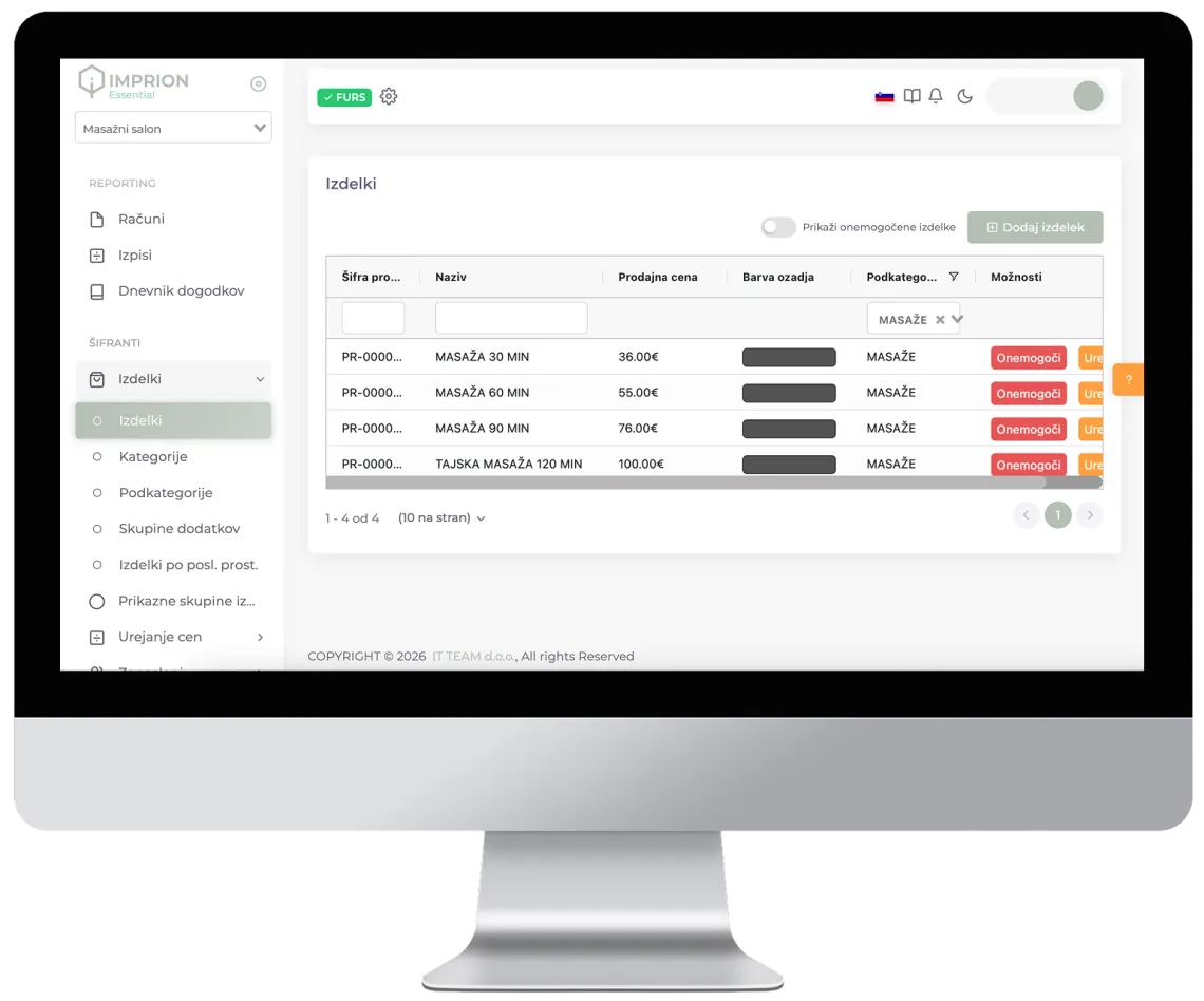 Imprion POS cash register for massage salon